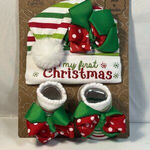 My First Christmas Hat & Sock Set 0-12 M Red Green White Girls Bows Stripes New